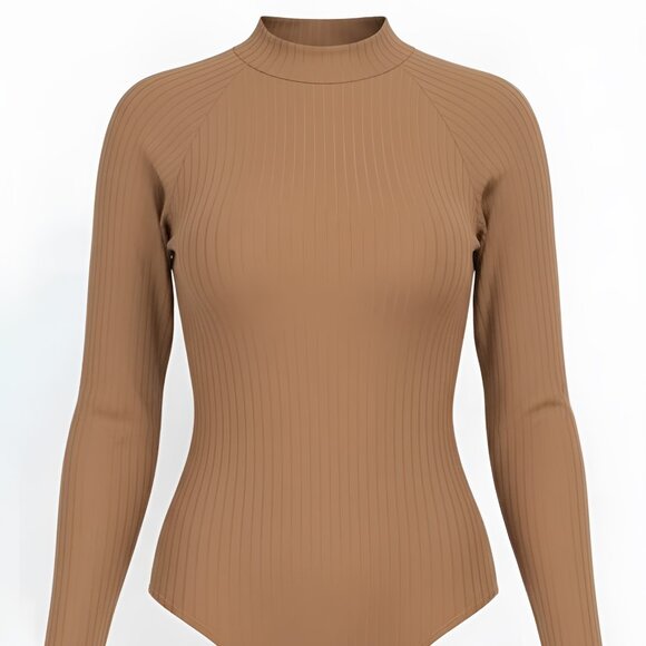 Smooth Fit Ribbed Mock Neck Bodysuit- Light Mocha - Picture 1 of 3